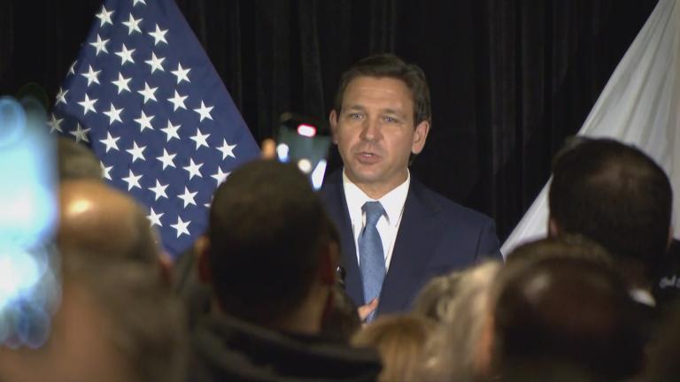 Florida Gov. Ron DeSantis appears at an event for law enforcement officers on Feb. 20, 2023, in Elmhurst. (WTTW News)