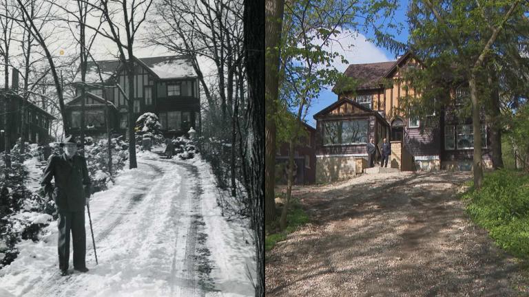 This historic photo, left, shows Paul Harris at the bottom of the driveway outside his Morgan Park home, which is today undergoing renovations, right. (Historic photo courtesy Rotary International)