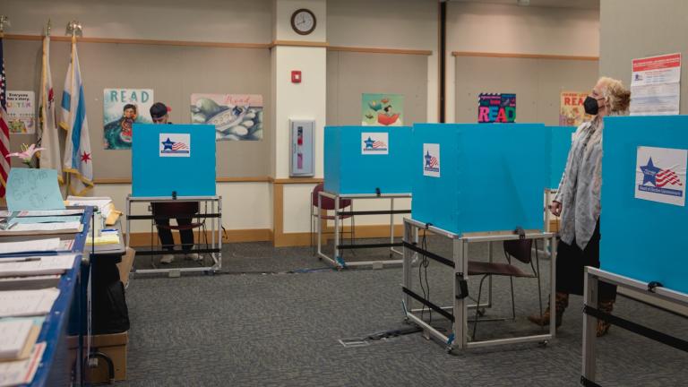 Chicago voting booths are pictured in a 2023 file photo. (Michael Izquierdo / WTTW News)