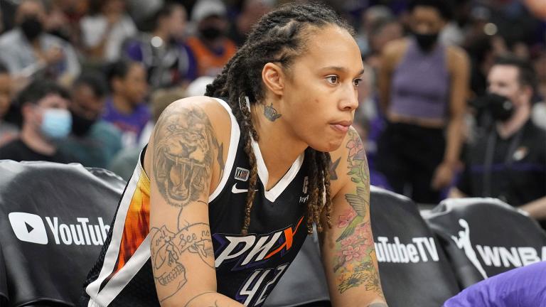 Phoenix Mercury center Brittney Griner sits during the first half of Game 2 of basketball's WNBA Finals against the Chicago Sky, Wednesday, Oct. 13, 2021, in Phoenix.  (AP Photo / Rick Scuteri, File)
