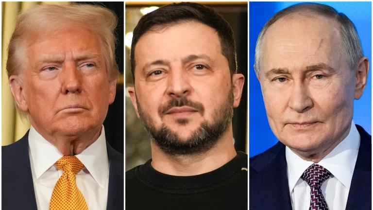 In this combination of file photos, President Donald Trump, left, and Ukraine's President Volodymyr Zelenskyy, center, are seen at the Elysee Palace, Dec. 7, 2024 in Paris, and President Vladimir Putin, right, addresses a Technology Forum in Moscow, Russia, Feb. 21, 2025. (AP Photo / Aurelien Morissard, left and center, Pavel Bednyakov, right)