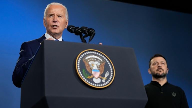 President Joe Biden, left, joined by President of Ukraine Volodymyr Zelenskyy, speaks during an event on the Ukraine Compact on the sidelines of the NATO Summit in Washington, Thursday, July 11, 2024. (AP Photo / Susan Walsh, File)