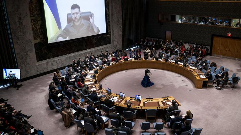 Ukrainian President Volodymyr Zelenskyy speaks via remote feed during a meeting of the UN Security Council, Tuesday, April 5, 2022, at United Nations headquarters. (AP Photo / John Minchillo)