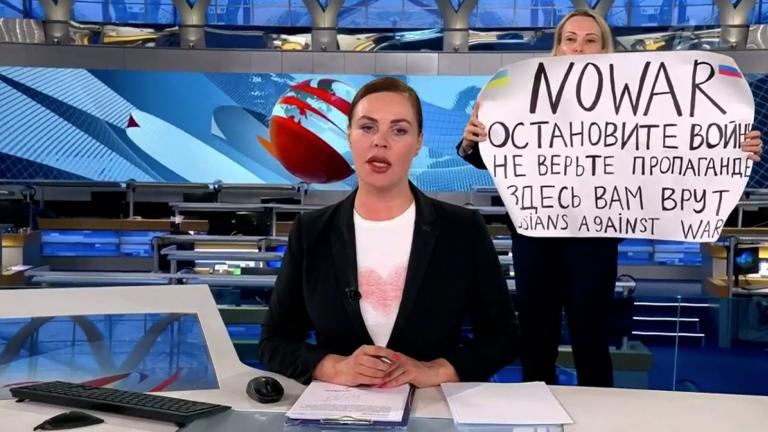 Marina Ovsyannikova protested the Russian war in Ukraine during a live news broadcast on Channel One March 14, 2022. (CNN) 