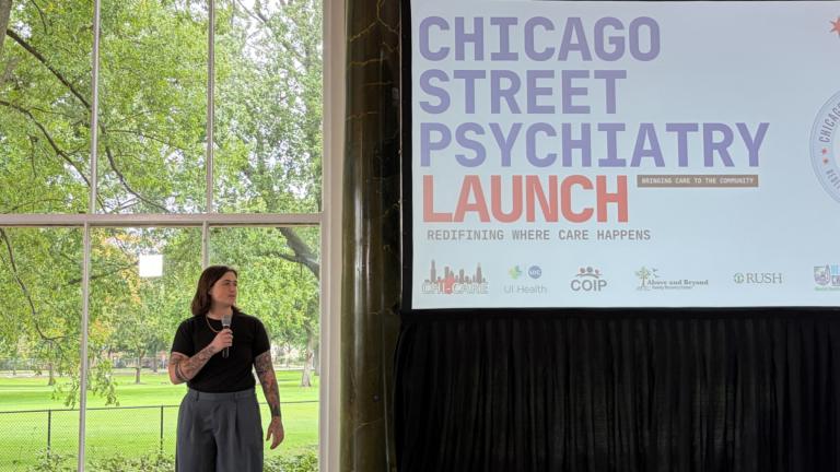 Ryann Billitteri, project manager for the office of substance use and recovery services at the Chicago Department of Public Health, speaks during a formal launch event for the city’s street psychiatry pilot program on Sept. 23, 2026, at the South Shore Cultural Center. (Eunice Alpasan / WTTW News)