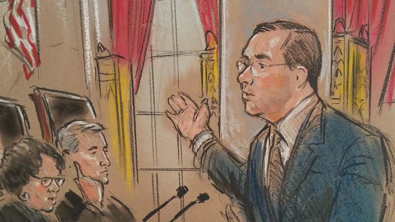Attorneys for both sides of Janus v AFSCME presented arguments to the Supreme Court on Monday. (Courtroom sketch by Bill Hennessy)