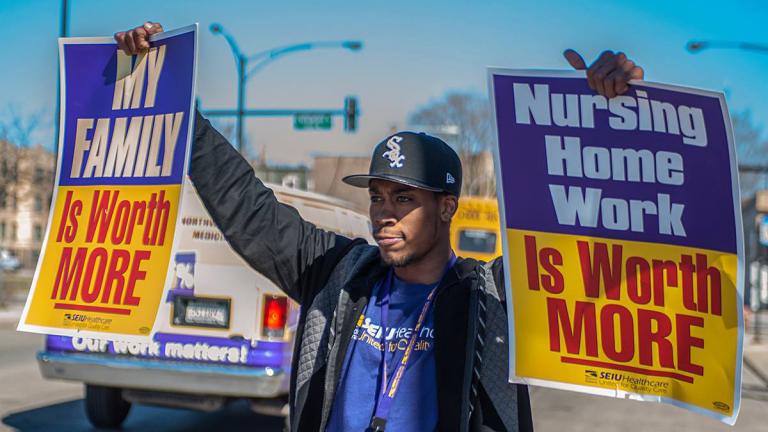 A member of SEIU Healthcare Illinois protests in early April. (Courtesy of SEIU Healthcare Illinois Facebook)