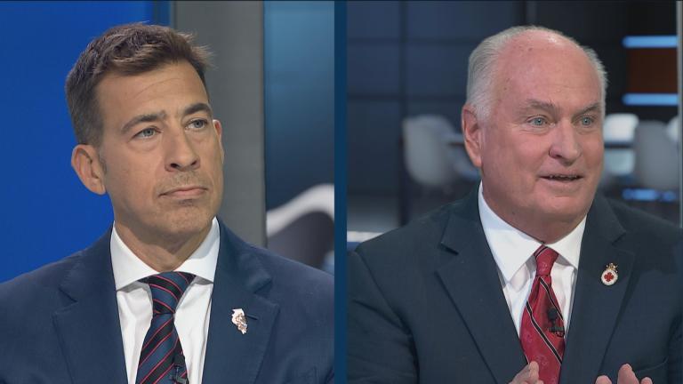 Alexi Giannoulias and Dan Brady appear in a WTTW News candidate forum on Oct. 26, 2022. (WTTW News)