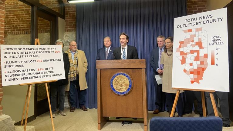 State Sen. Steve Stadelman, D-Rockford, introduces the final report of the state’s Local Journalism Task Force. It details a decline of local news coverage throughout the state but proposes ways the legislature can support newsrooms. (Alex Abbeduto / Capitol News Illinois)