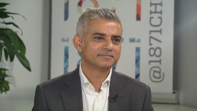 Mayor of London Sadiq Khan in conversation with Phil Ponce on Sept. 16. (Chicago Tonight)