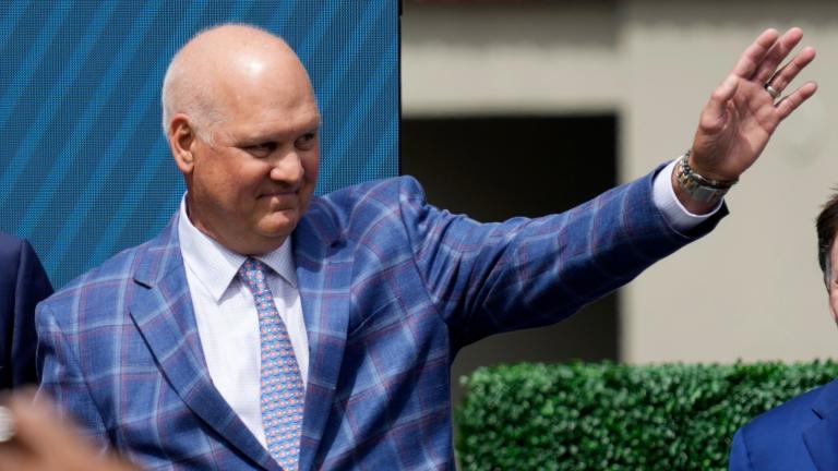 FILE - Former Chicago Cubs player Ryne Sandberg waves before the team unveils a statue of him before a baseball game against the New York Mets in Chicago, June 23, 2024. (Nam Y. Huh / AP Photo, File)