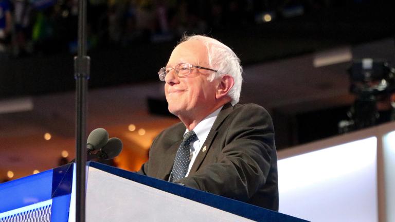 Former Democratic presidential candidate, Vermont Sen. Bernie Sanders delivers the final speech of the first day of the Democratic National Convention in Philadelphia. (Evan Garcia / Chicago Tonight)