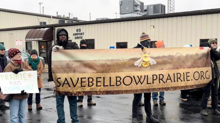 Activists rallied in advance of the Feb. 24, 2022, meeting of the Greater Rockford Airport Authority board of commissioners. (Save Bell Bowl Prairie Facebook / Jesse Crow Mermel)