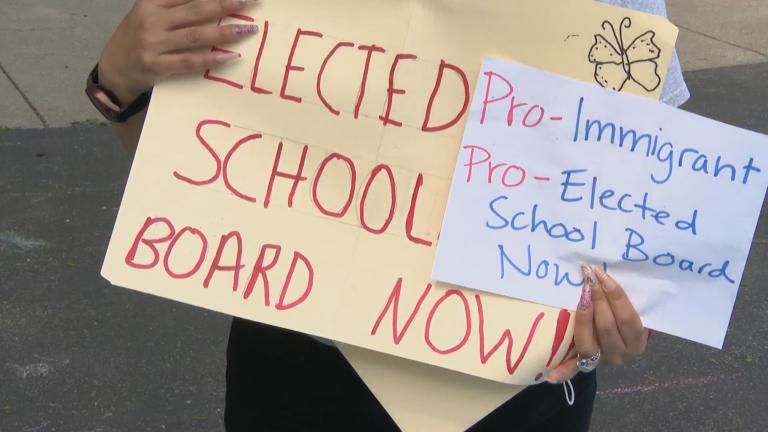 Blocks from the Mayor’s house in Unity Park, the Logan Square Neighborhood Association and other groups held an action calling for an elected school board. May 20, 2021 (WTTW News)