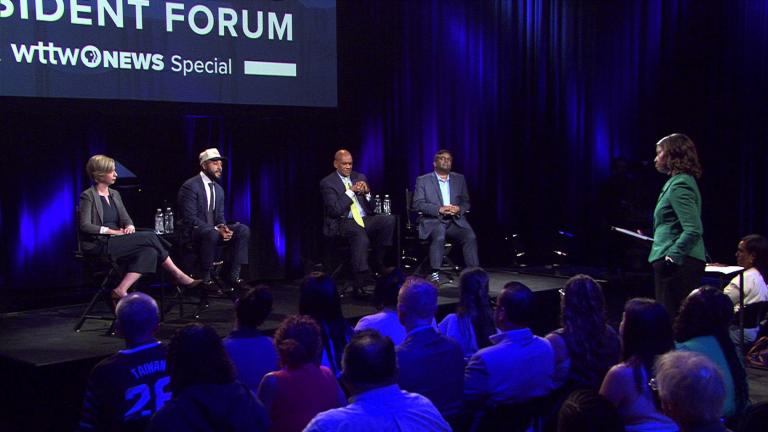 From left: Jessica Biggs, Hilario Dominguez, Victor Henderson and Sendhil Revuluri appear at a WTTW News forum for Chicago school board president candidates on Sept. 15, 2026. (WTTW News)