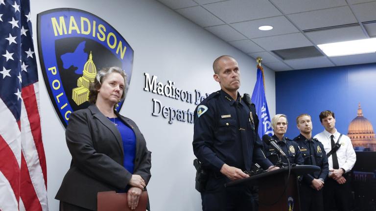 Mayor Satya Rhodes-Conway, left, and Acting Police Chief John Patterson appear during a press conference to announce the arrest of Jeffrey Rupnow in Madison, Wis. Thursday, May 8, 2025. (John Hart/Wisconsin State Journal via AP)