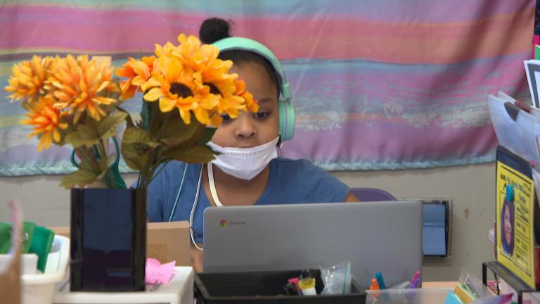 A young student wears a mask while working on a laptop. (WTTW News)