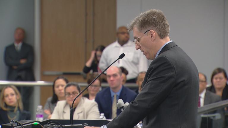 CPS Inspector General Nick Schuler addresses the Chicago Board of Education on Wednesday. (Chicago Tonight)