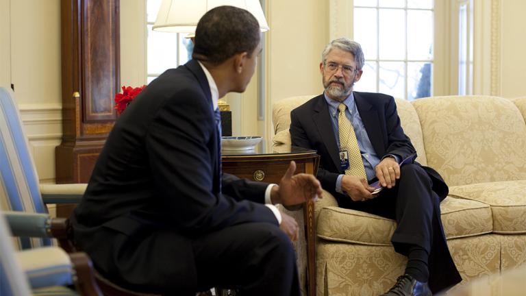 Former President Barack Obama with Science and Technology Adviser John P. Holdren (U.S. National Archives)