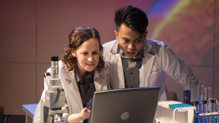 Ashley Neal and Glenn Obrero in the world premiere of “Scientific Method.” (Photo credit: Michael Brosilow)