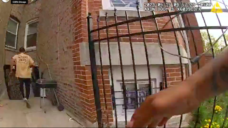 Body worn camera video shows a Chicago police officer chasing Reginald Clay Jr., left, moments before the officer fatally shot Clay on April 15, 2023. (Civilian Office of Police Accountability)