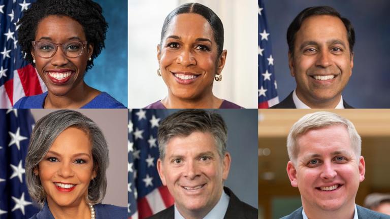 Top left to right: U.S. Rep. Lauren Underwood, Illinois Lt. Gov. Juliana Stratton, U.S. Rep. Raja Krishnamoorthi. Bottom left to right: U.S. Rep. Robin Kelly, U.S. Rep. Darin LaHood, former Illinois state Rep. Tom Demmer