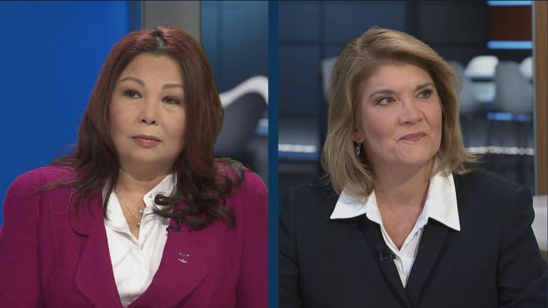 U.S. Sen. Tammy Duckworth, left, and attorney Kathy Salvi appear at the WTTW candidate forum on Oct. 27, 2022. (WTTW News)