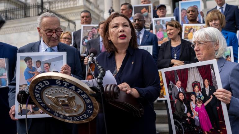 Sen. Tammy Duckworth, D-Ill., center, accompanied by Senate Majority Leader Chuck Schumer, D-NY, left, and Sen. Patty Murray, D-Wash., right, speaks about the need to protect rights to in vitro fertilization (IVF), on the Senate steps at the Capitol in Washington, Tuesday, Sept. 17, 2024. (AP Photo / Ben Curtis)