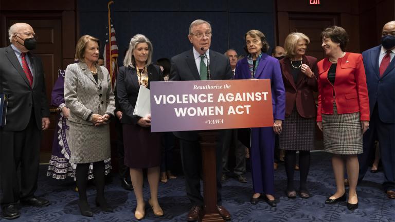 Senate Judiciary Chairman Dick Durbin, D-Ill., center, holds a news conference to announce a bipartisan update to the Violence Against Women Act, at the Capitol in Washington, Wednesday, Feb. 9, 2022. (AP Photo / J. Scott Applewhite)