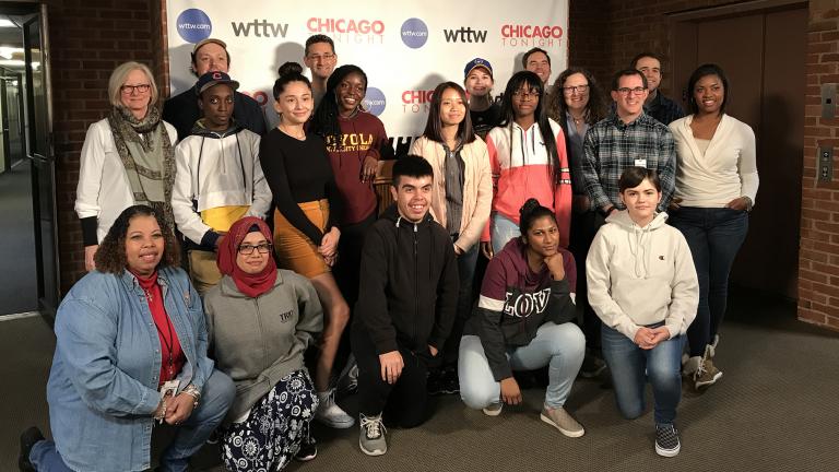 Journalism students from Senn High School pose with members of “Chicago Tonight” at WTTW in October 2018. (Courtesy of Michael Cullinane)