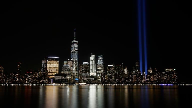 In this Sept. 11, 2017, file photo, the Tribute in Light illuminates in the sky above the Lower Manhattan area of New York, as seen from across the Hudson River in Jersey City, N.J. (AP Photo / Jason DeCrow, File)