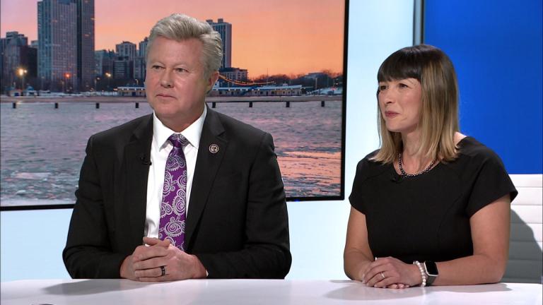 State Sen. Seth Lewis (R-Carol Stream) and state Rep. Eva-Dina Delgado (D-Chicago) appear on “Chicago Tonight” on Feb. 19, 2026. (WTTW News)