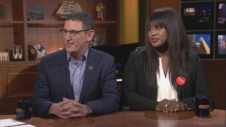 Chicago Teachers Union President Jesse Sharkey and CTU Vice President Stacy Davis Gates appear on “Chicago Tonight.” (WTTW News)