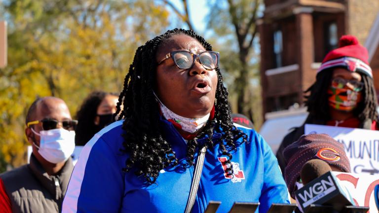 Shavon Coleman speaks out against a proposal to consolidate three schools in North Lawndale on Saturday, Oct. 31, 2020. (Grace Del Vecchio / WTTW News)