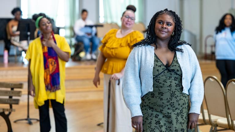 The cast of “She Who Dared” rehearses ahead of the opera’s June 2025 run at the Chicago Opera Theater. (Michael Brosilow) The cast of “She Who Dared” rehearses ahead of the opera’s June 2025 run at the Chicago Opera Theater. (Michael Brosilow)