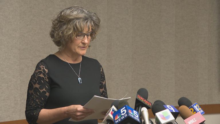 Sherri Garrett speaks at a press conference Wednesday, June 6, 2018. (Chicago Tonight)