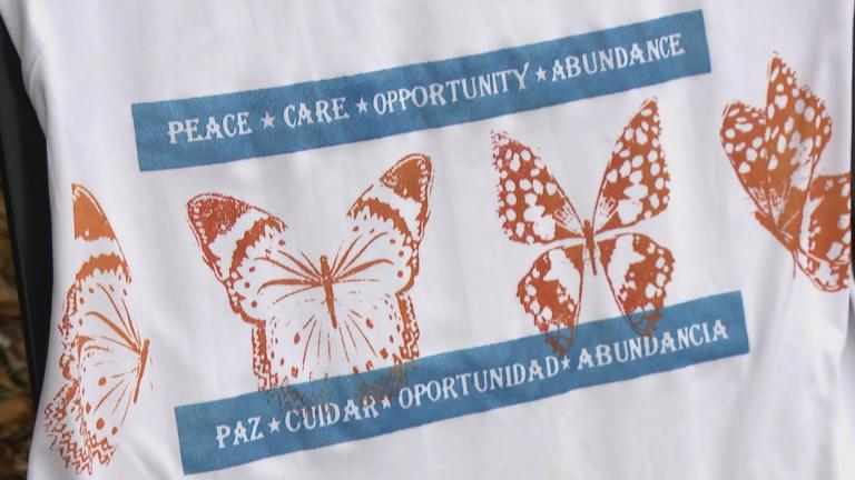 Asylum seeker and graphic artist Winter Navas designed this logo to help raise funds for migrant care. (WTTW News)