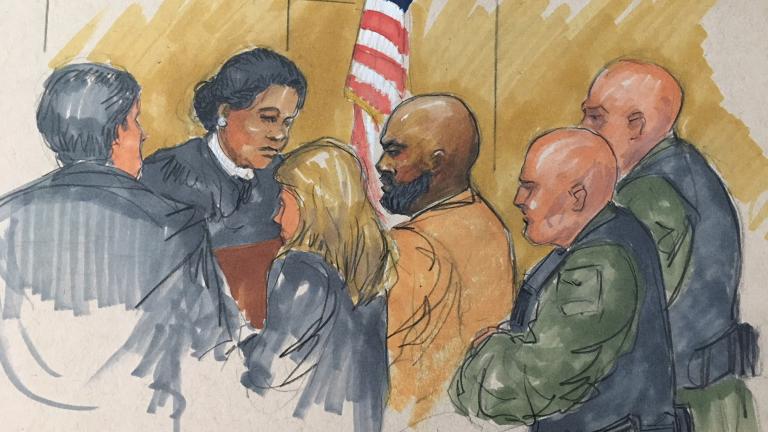 Shomari Legghette, center, appears before Cook County Judge Erica Reddick at the Leighton Criminal Court Building on Monday, March 12. (Courtroom sketch by Thomas Gianni)