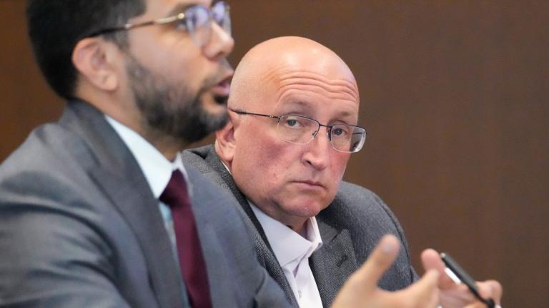 Attorney George Gomez, left, speaks to Judge George D. Strickland as Robert E. Crimo Jr., looks on during an appearance at the Lake County Courthouse, Monday, Aug. 7, 2023, in Waukegan, Ill. (AP Photo / Nam Y. Huh, Pool)