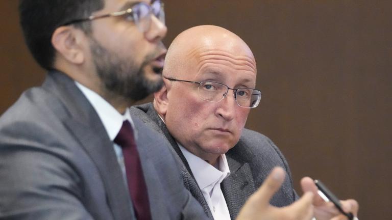 Attorney George Gomez, left, speaks to Judge George D. Strickland as Robert E. Crimo Jr., looks on during an appearance at the Lake County Courthouse, Monday, Aug. 7, 2023, in Waukegan, Ill. (AP Phot o/ Nam Y. Huh, Pool)