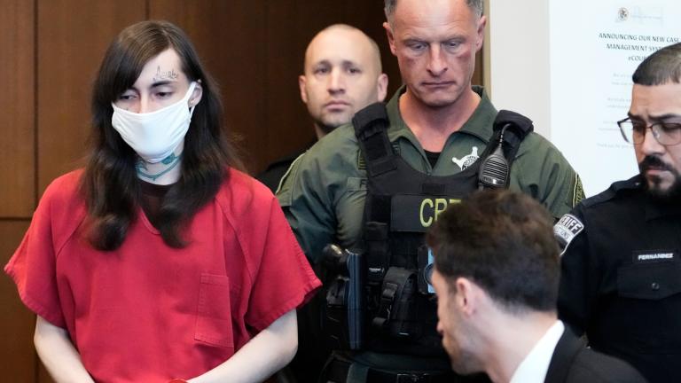 Robert E. Crimo III, left, is escorted into a courtroom during a hearing before Judge Victoria A. Rossetti at the Lake County Courthouse, Waukegan, Ill., Wednesday, Jan. 10, 2024. (AP Photo / Nam Y. Huh, Pool)