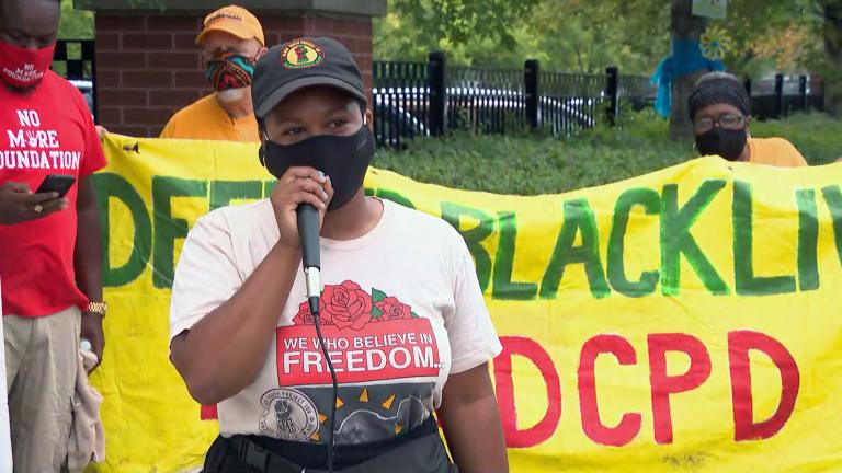 People speak out against the city’s use of ShotSpotter technology at a rally on Thursday, Aug. 19, 2021. (WTTW News)