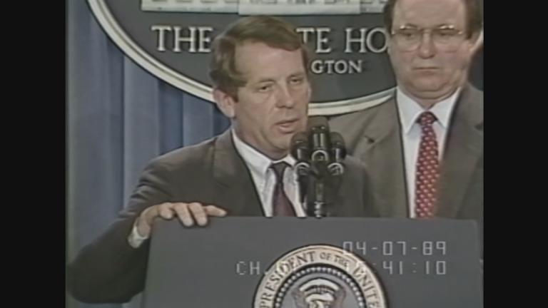 Then-Transportation Secretary Samuel Skinner discusses the Exxon Valdez oil spill. (Courtesy of C-SPAN)