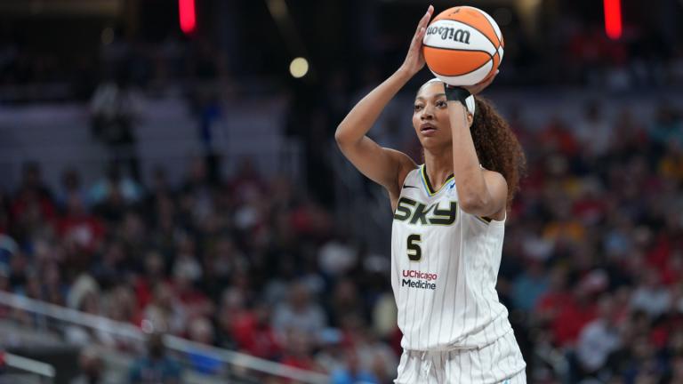 Chicago Sky forward Angel Reese shoots during a WNBA basketball game against the Indiana Fever in Indianapolis, Saturday, May 17, 2025. (AP Photo / AJ Mast)