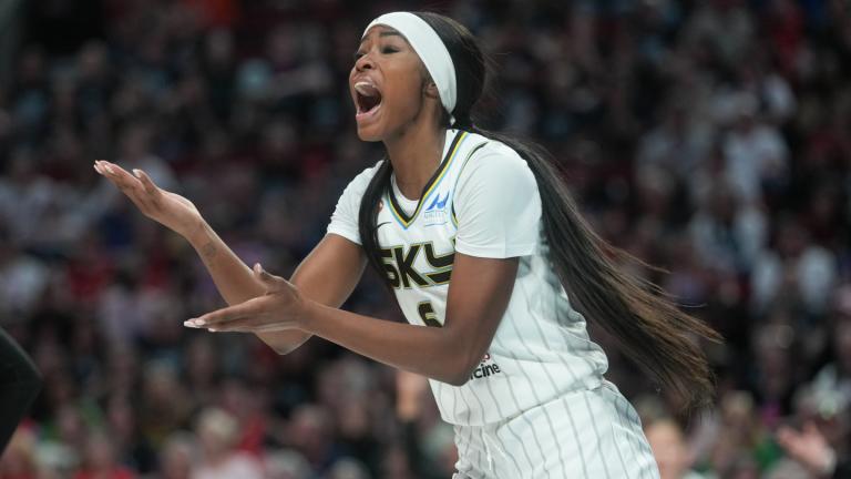 Chicago Sky forward Rickea Jackson reacts after a call during the second half of a WNBA basketball game against the Portland Fire, Saturday, May 9, 2026, in Portland, Ore. (AP Photo/Jenny Kane)