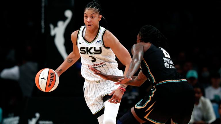 Chicago Sky forward Candace Parker (3) drives to the basket against New York Liberty forward Natasha Howard (6) during the first half of a WNBA basketball playoff game Tuesday, Aug. 23, 2022, in New York. (AP Photo / Noah K. Murray)