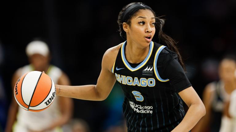 Chicago Sky forward Angel Reese (5) is seen during a WNBA basketball game against the Dallas Wings, Wednesday, May 15, 2024, in Arlington, Texas. Dallas won 87-79. (AP Photo / Brandon Wade)