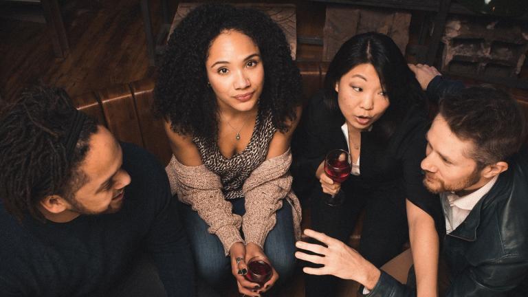 From left: Julian Parker, Kayla Carter, Deanna Myers and Erik Hellman in “Smart People” at Writers Theatre.