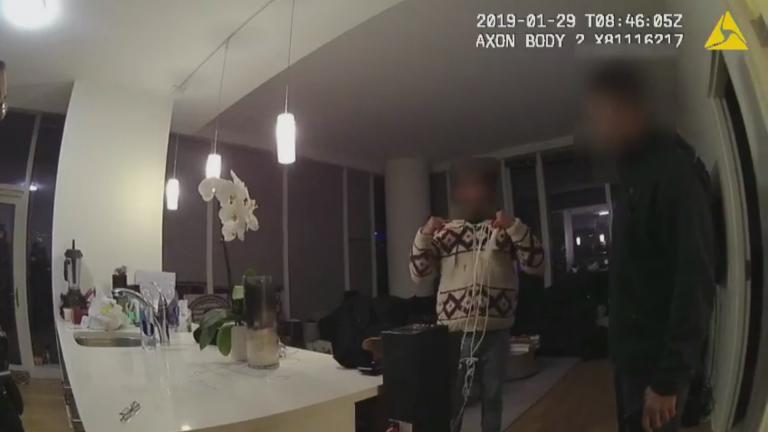 A still image from video footage released by Chicago police Monday, June	24, 2019 shows the “Empire” actor wearing a thin white rope wrapped around his neck that he told detectives was a noose. 