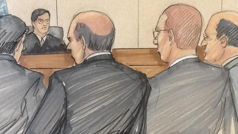 Courtroom sketch from October 2015 depicts Gary Solomon, right, and Thomas Vranas, left, in federal court. (Credit: Thomas Gianni)